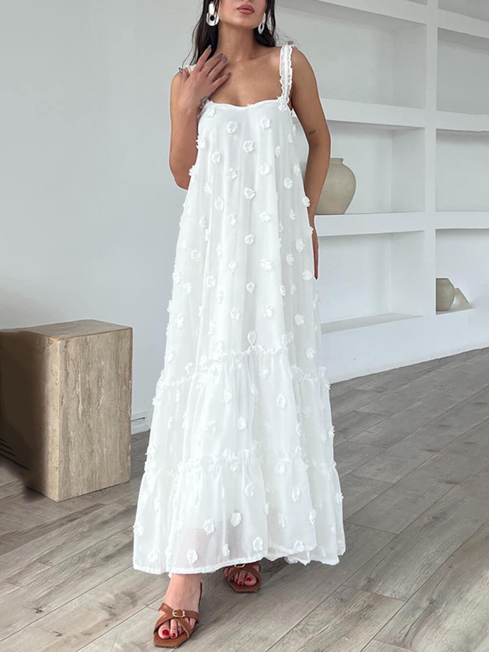 Floral Decor A-Line Layered Maxi Dress with Loose Fit