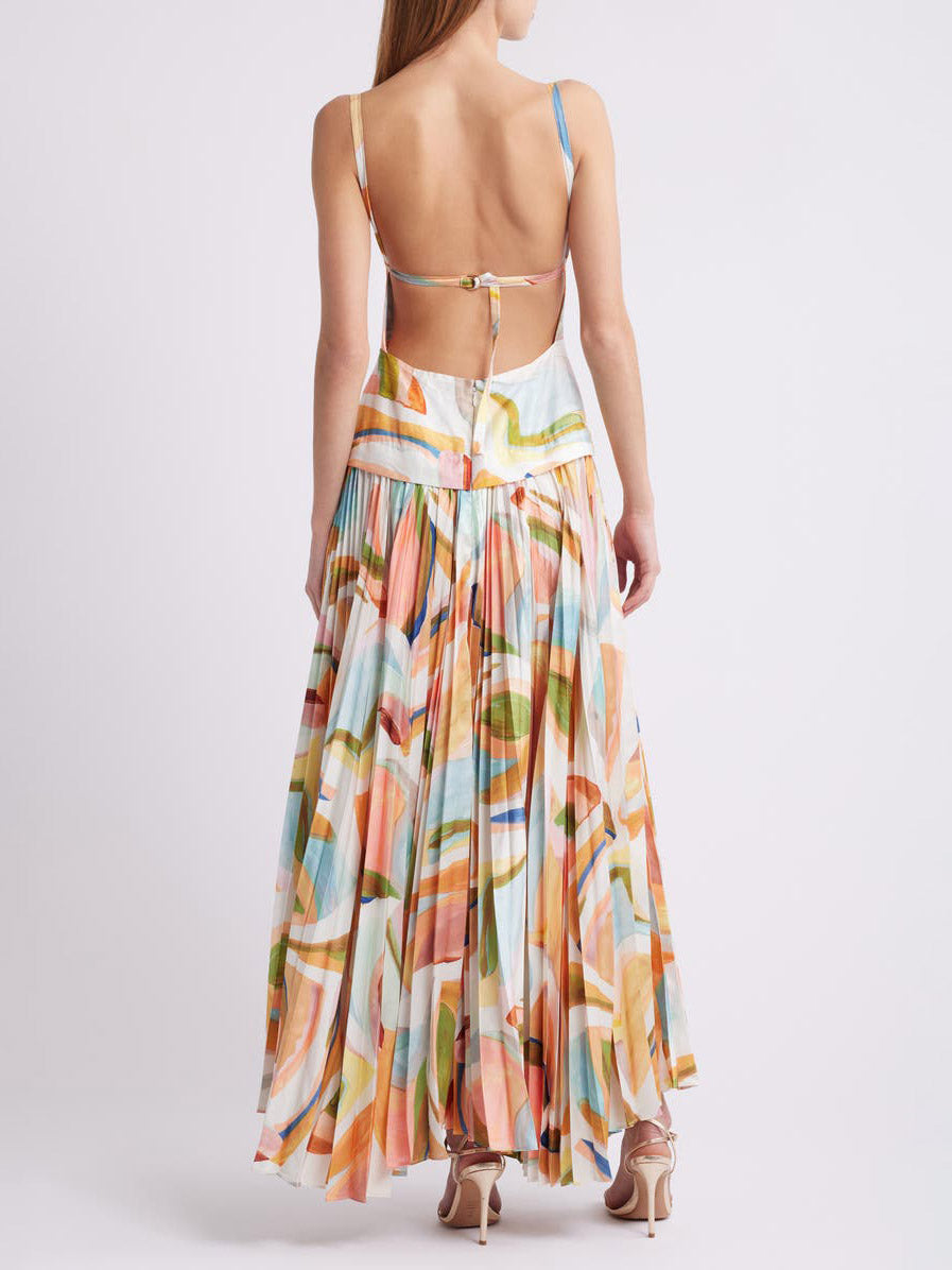 One-of-a-kind Abstract-Print Open-Back Pleated Maxi Dress