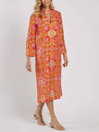 Printed Midi Dress with Stand Collar