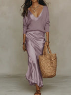Isla Satin Midi Dress & Sweater