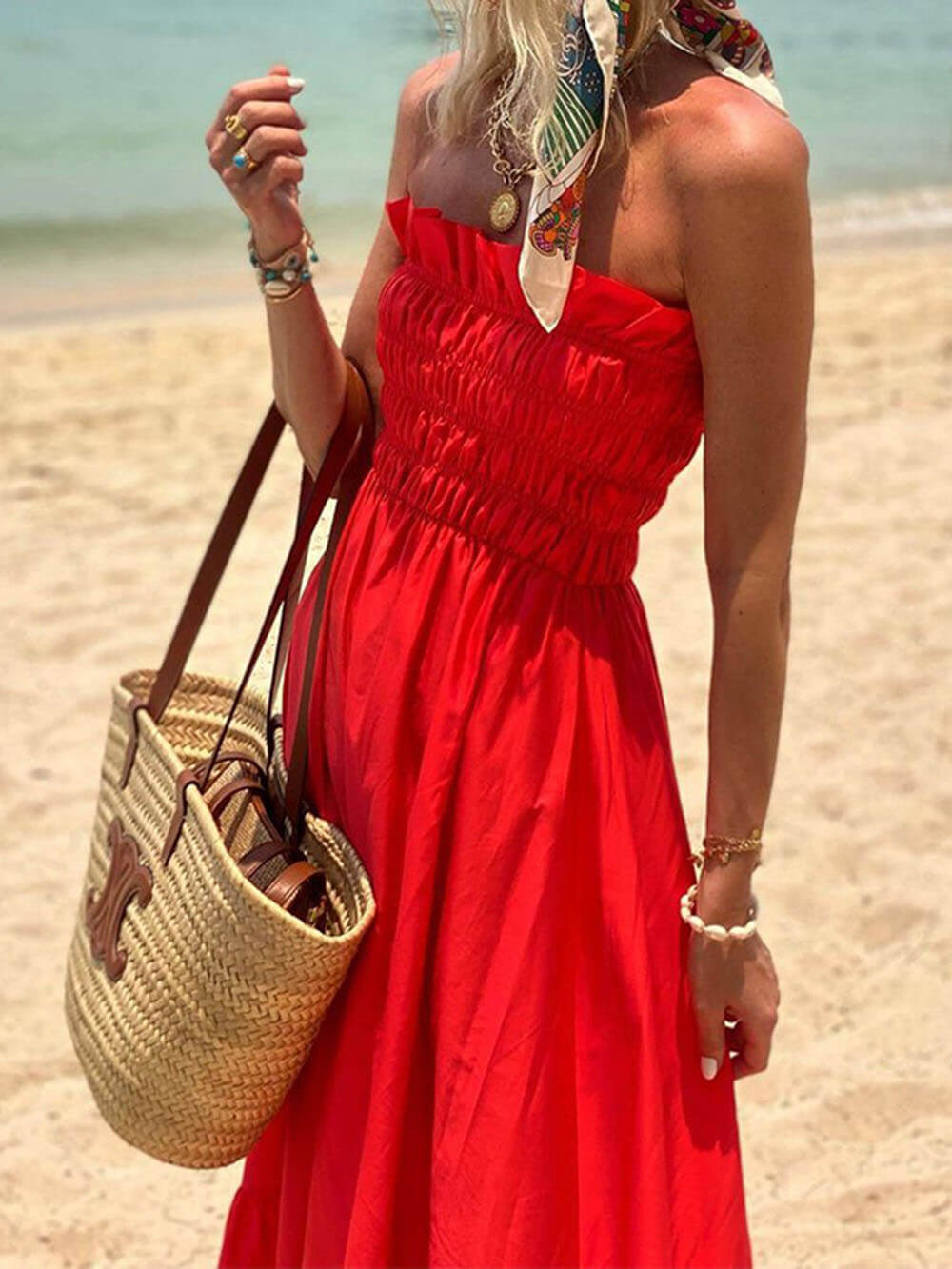 Vacation-Ready Off-Shoulder Maxi Dress with Smocked Bust