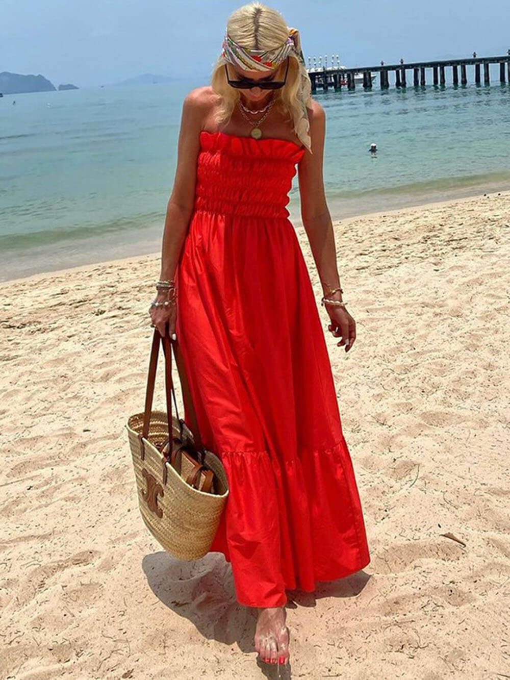 Vacation-Ready Off-Shoulder Maxi Dress with Smocked Bust