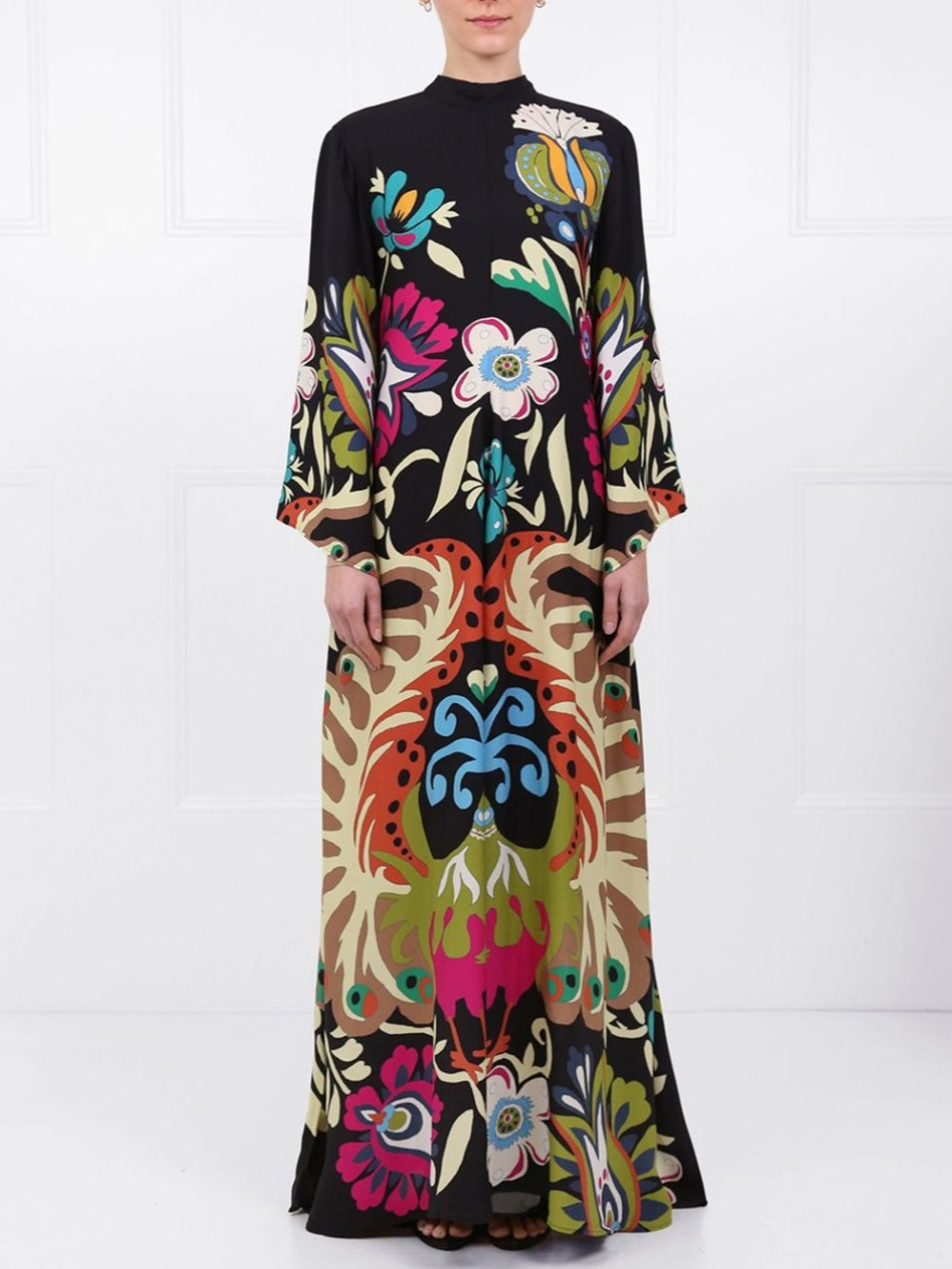 Vibrant Peacock-Print Maxi Dress