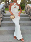 3D Flower-Embellished Halter-Neck Crochet Maxi Dress - Bodycon Fit