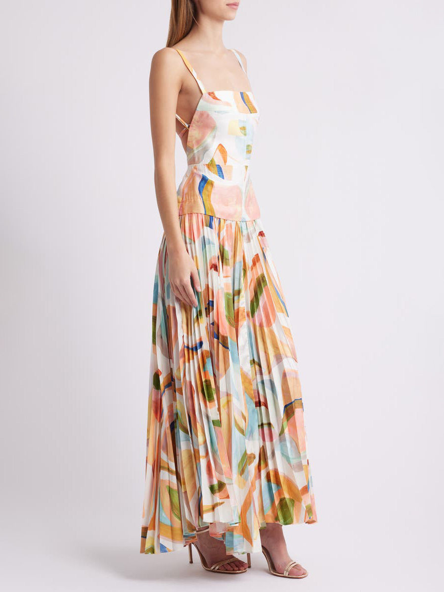 One-of-a-kind Abstract-Print Open-Back Pleated Maxi Dress