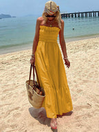 Vacation-Ready Off-Shoulder Maxi Dress with Smocked Bust