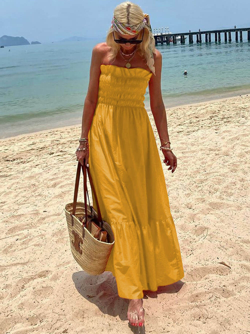 Vacation-Ready Off-Shoulder Maxi Dress with Smocked Bust