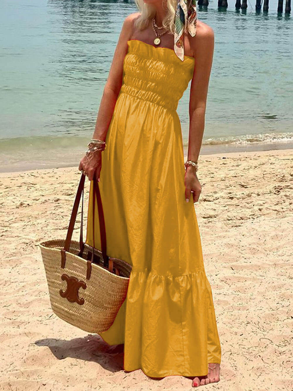 Vacation-Ready Off-Shoulder Maxi Dress with Smocked Bust