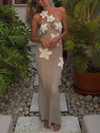 3D Flower-Embellished Halter-Neck Crochet Maxi Dress - Bodycon Fit