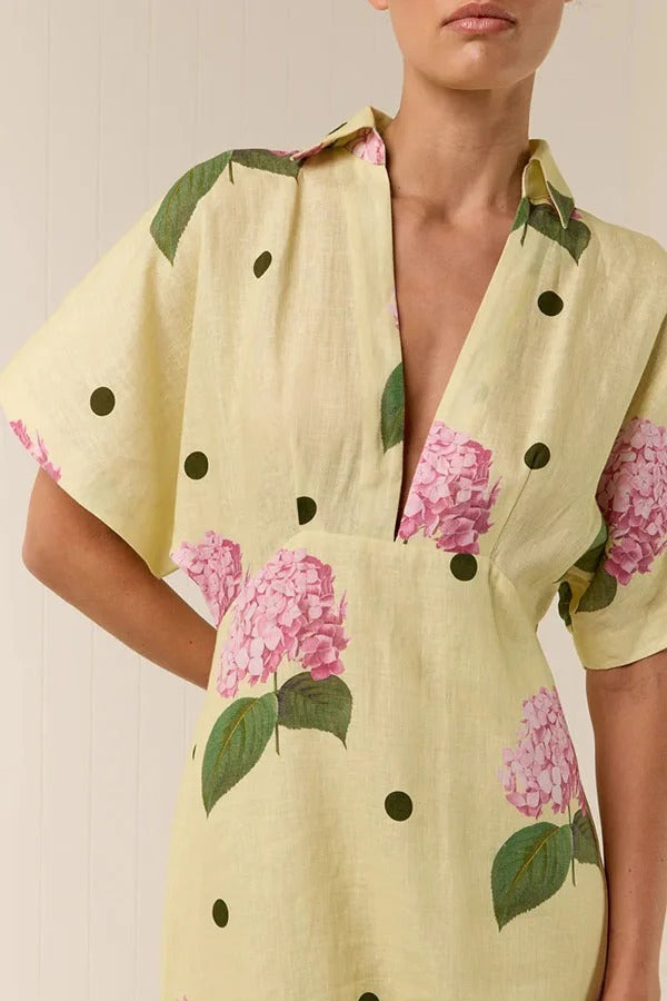 Jasmine Linen-Blend Floral Polka Dot Shirt-Style Maxi Dress with Wide Sleeves
