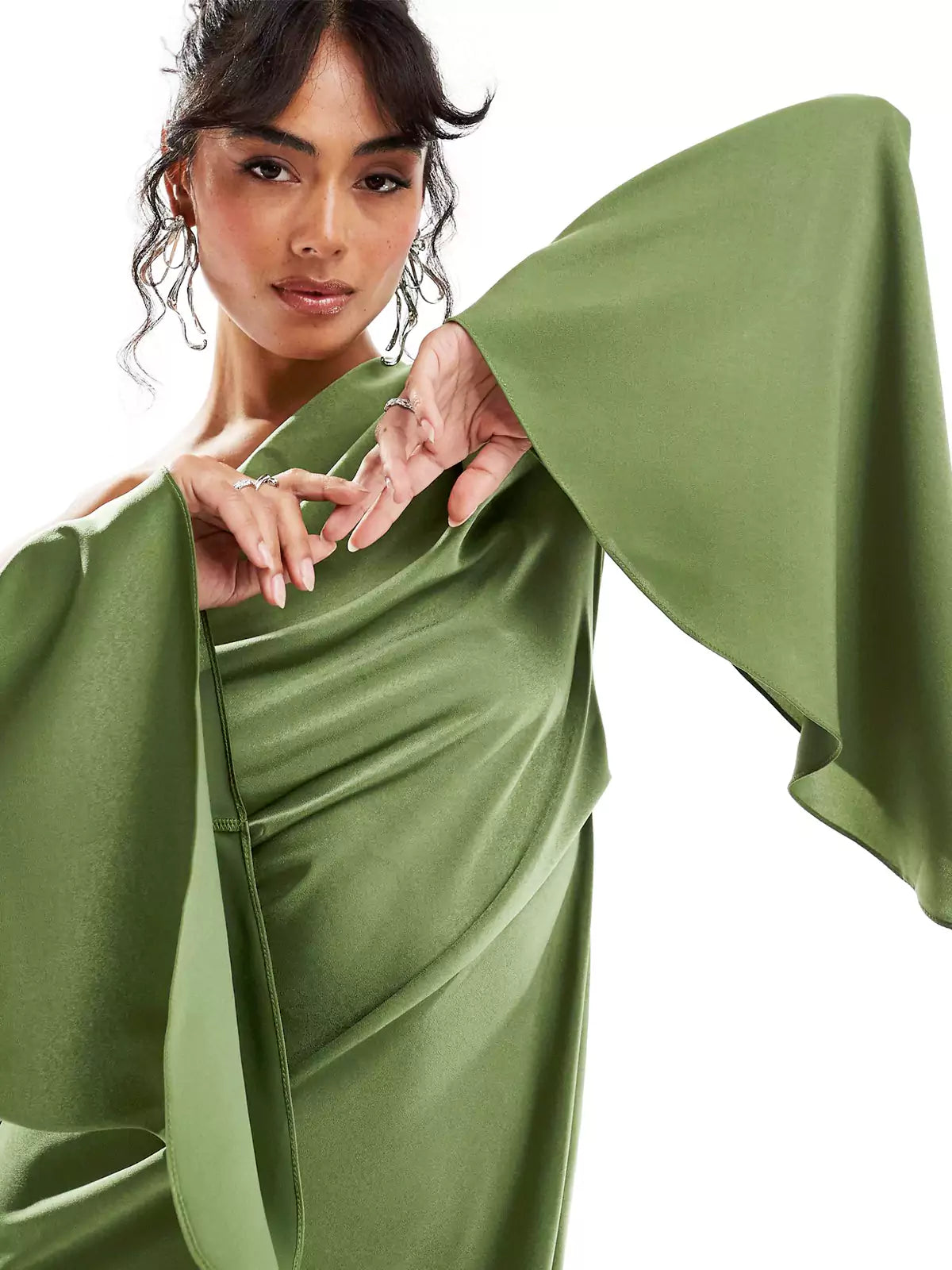 Elegant Green Satin Maxi Dress with an Asymmetric Hem