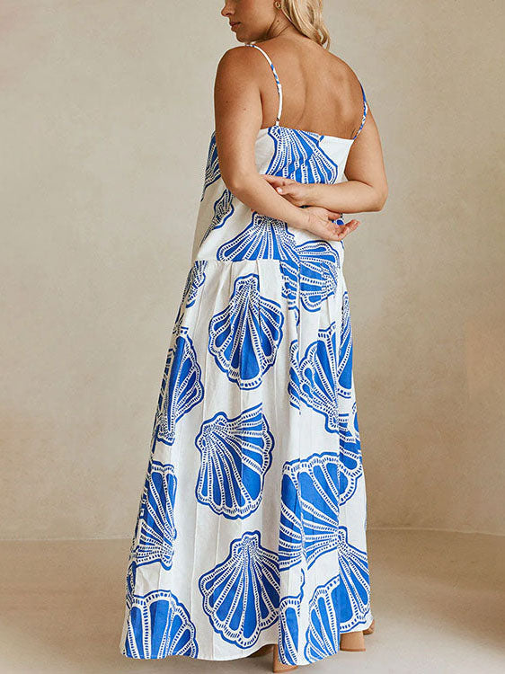 Holiday-Ready Ocean Shell Print Sling Maxi Dress