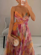 Chic Painted Floral Print V-Neck A-Line Maxi Dress