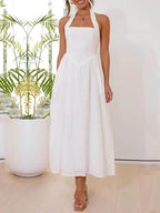 Little Black Halter-Neck Midi Dress with a Defined Waist