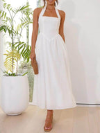 Little Black Halter-Neck Midi Dress with a Defined Waist