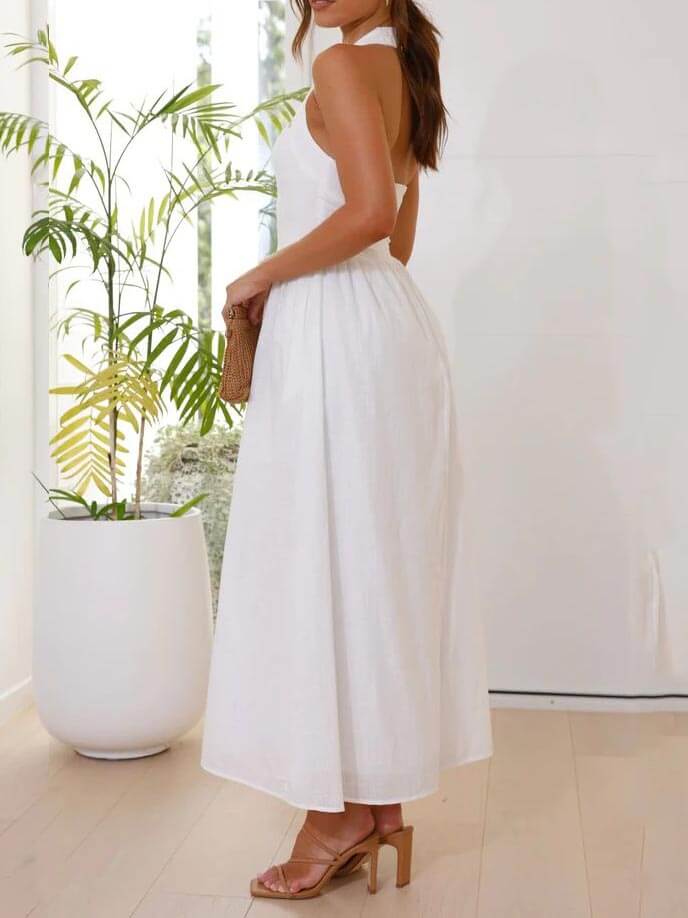 Little Black Halter-Neck Midi Dress with a Defined Waist