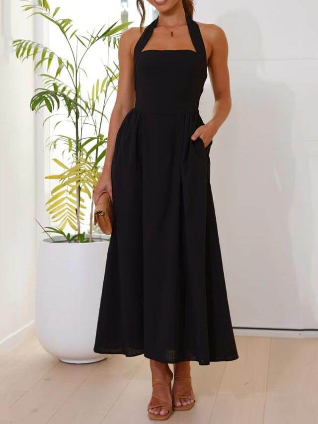 Little Black Halter-Neck Midi Dress with a Defined Waist