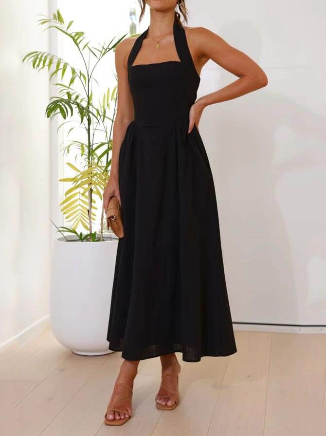 Little Black Halter-Neck Midi Dress with a Defined Waist