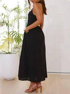 Little Black Halter-Neck Midi Dress with a Defined Waist