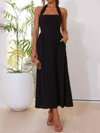 Little Black Halter-Neck Midi Dress with a Defined Waist