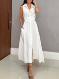 Chic Shirt-Style Midi Dress with Single-Breasted Silhouette and Tie Detail