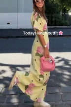 Jasmine Linen-Blend Floral Polka Dot Shirt-Style Maxi Dress with Wide Sleeves