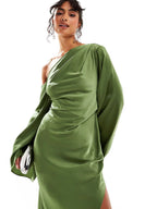 Elegant Green Satin Maxi Dress with an Asymmetric Hem
