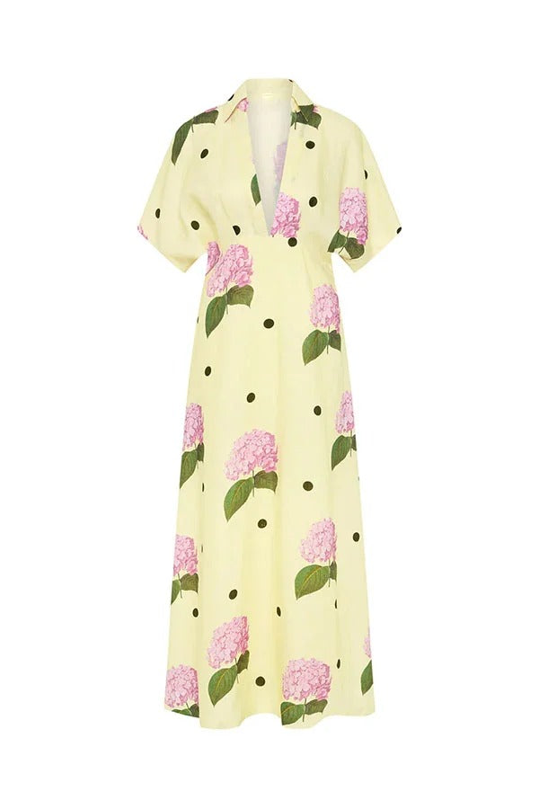 Jasmine Linen-Blend Floral Polka Dot Shirt-Style Maxi Dress with Wide Sleeves