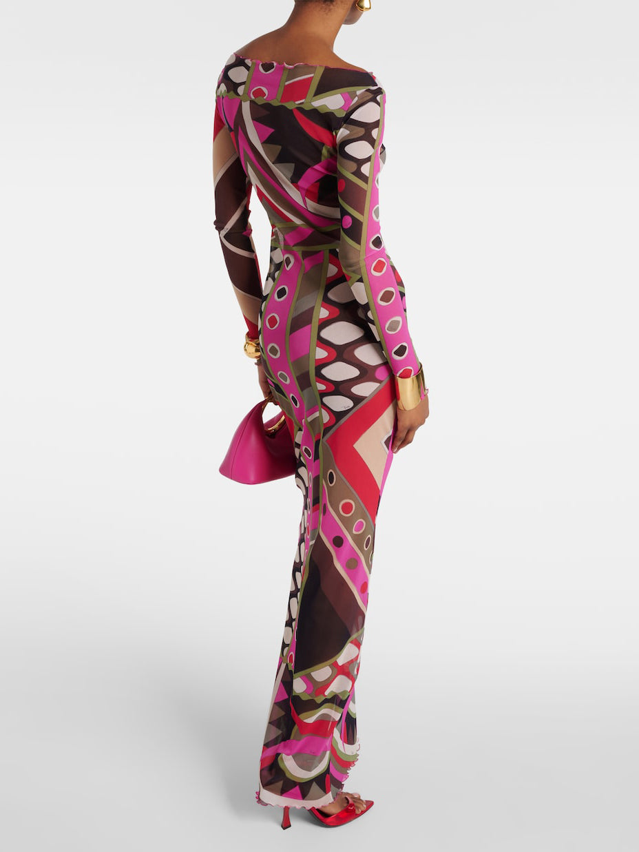 Retro-Inspired Abstract Print Hip-Wrap Maxi Dress