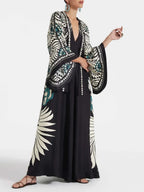 Elegant Floral-Print Maxi Dress with Flowing Waterfall Sleeves