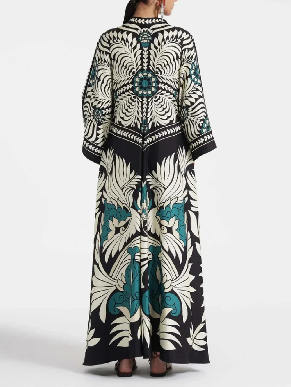 Elegant Floral-Print Maxi Dress with Flowing Waterfall Sleeves