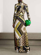 Retro-Inspired Abstract-Print Long-Sleeve Maxi Dress