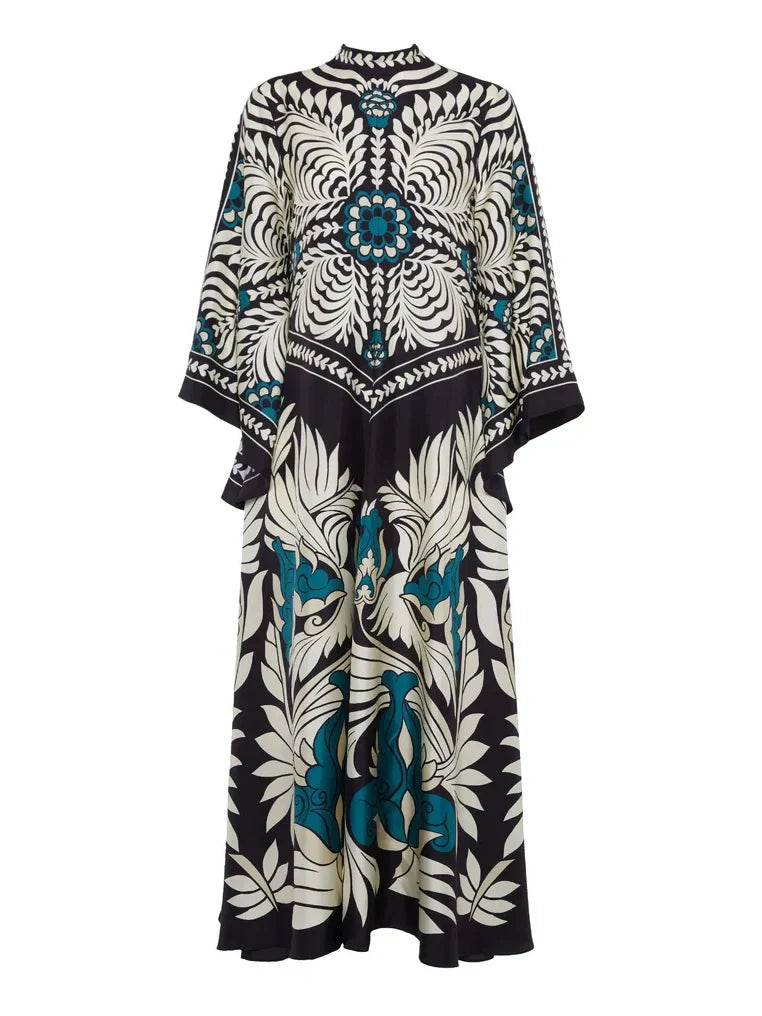 Elegant Floral-Print Maxi Dress with Flowing Waterfall Sleeves