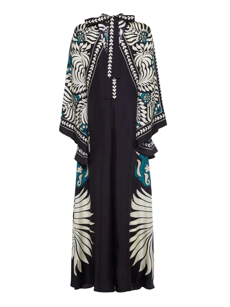 Elegant Floral-Print Maxi Dress with Flowing Waterfall Sleeves