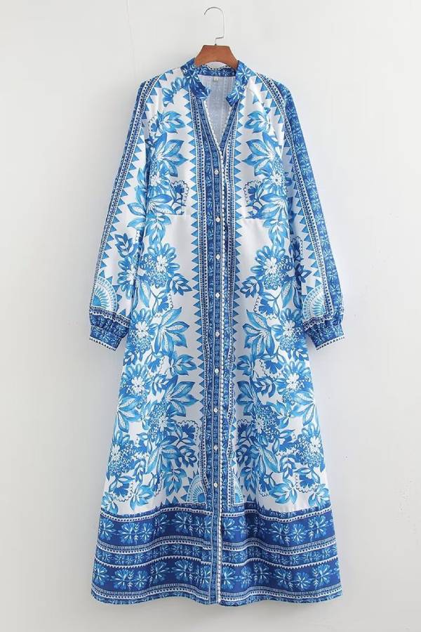 One-of-a-Kind Print Button-Down Maxi Dress with Long-Sleeve Shirt-Style Top