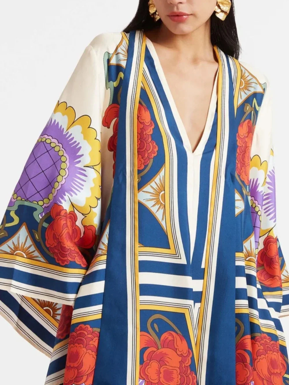 Elegant Floral-Print Maxi Dress with Draped Waterfall Sleeves