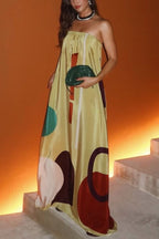 Miss Me Satin Maxi Dress - Unique Printed Off-Shoulder Design with Pockets, Relaxed Loose-Fit