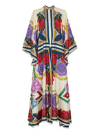 Elegant Floral-Print Maxi Dress with Draped Waterfall Sleeves