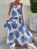 Holiday-Ready Ocean Shell Print Sling Maxi Dress