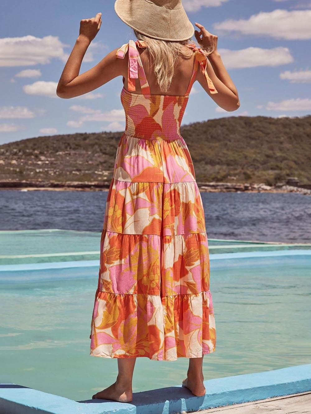 Sleeveless Sea Charm Pleated Cami Dress with Stretchy Chest Print