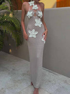 3D Flower-Embellished Halter-Neck Crochet Maxi Dress - Bodycon Fit