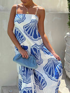 Holiday-Ready Ocean Shell Print Sling Maxi Dress