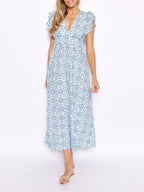 Blue Medallion Print V-Neck Flutter-Sleeve Maxi Dress