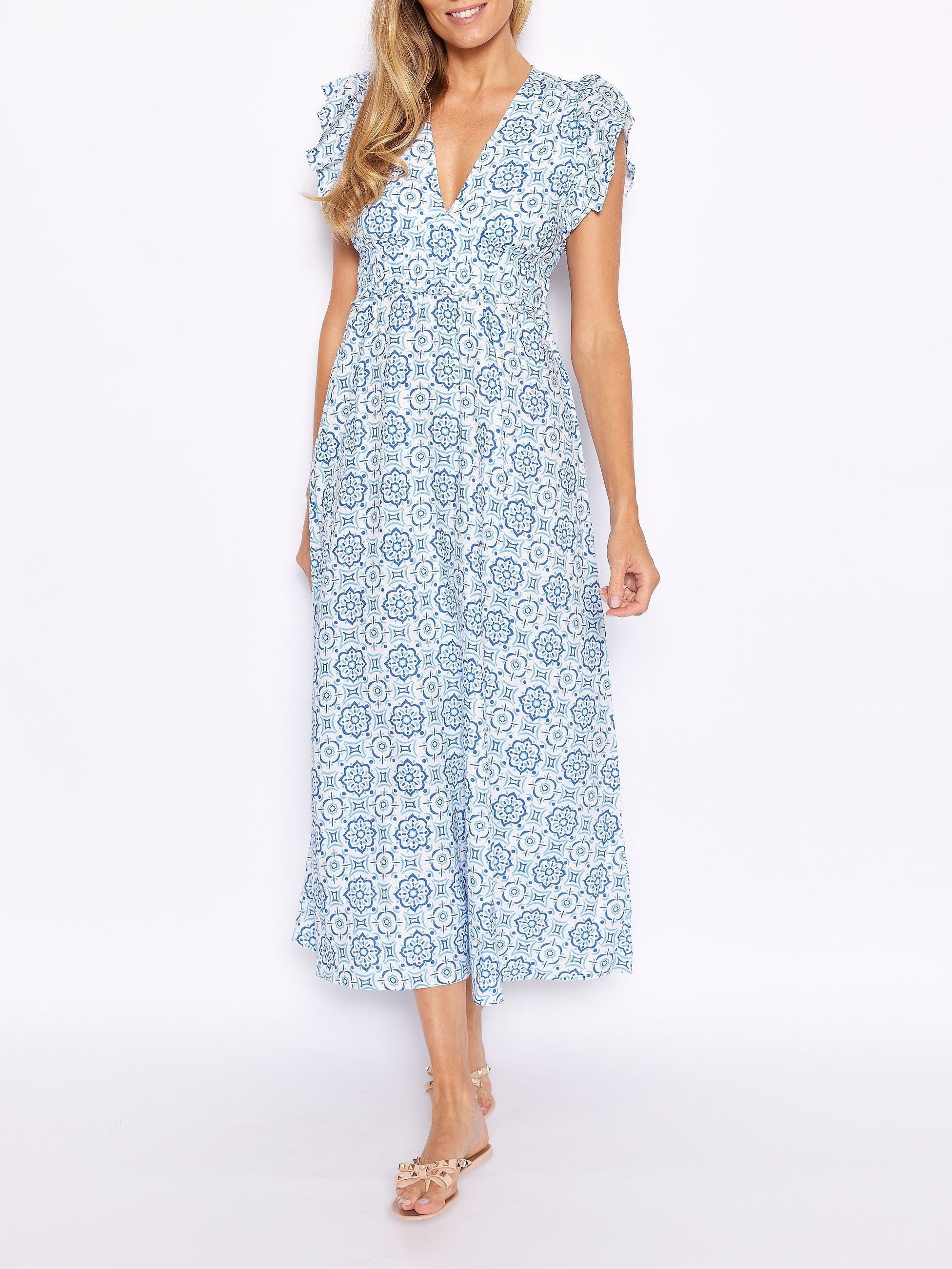 Blue Medallion Print V-Neck Flutter-Sleeve Maxi Dress