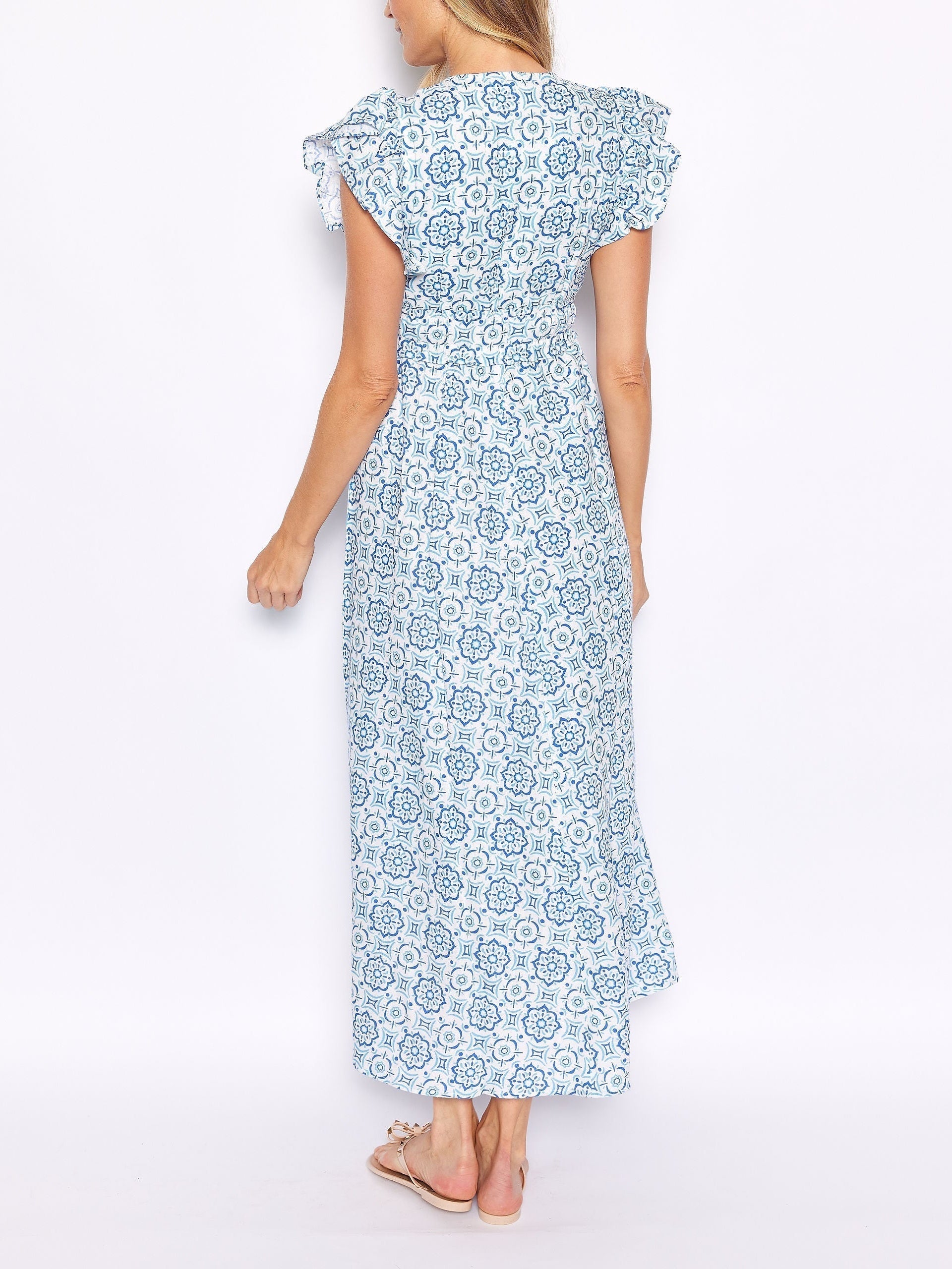 Blue Medallion Print V-Neck Flutter-Sleeve Maxi Dress