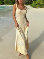 Breezy Summer Hollow-Out Knit Maxi Dress with Sheer Panel Details