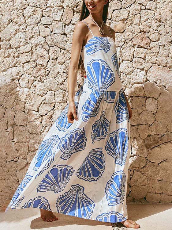 Holiday-Ready Ocean Shell Print Sling Maxi Dress
