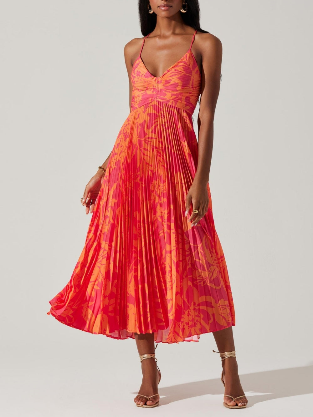 Chic Floral-Print Pleated Midi Dress