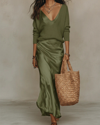 Isla Satin Midi Dress & Sweater