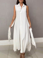 Chic Shirt-Style Midi Dress with Single-Breasted Silhouette and Tie Detail